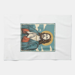 Vintage Praying Saviour Religious Shirt Design_1 Tea Towel