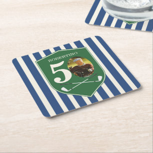 Vintage Preppy Golfer Blue Photo 50th Birthday Square Paper Coaster