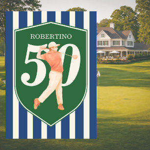 Vintage Preppy Golfer Blue White 50th Birthday Invitation