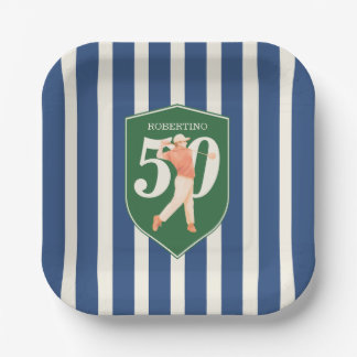 Vintage Preppy Golfer Blue White 50th Birthday Paper Plate
