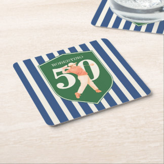 Vintage Preppy Golfer Blue White 50th Birthday Square Paper Coaster