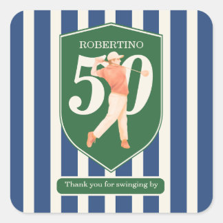 Vintage Preppy Golfer Blue White 50th Birthday Square Sticker