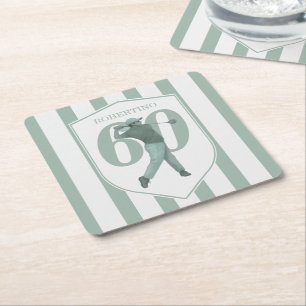 Vintage Preppy Golfer Green White 60th Birthday Square Paper Coaster