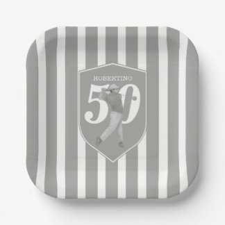 Vintage Preppy Golfer Grey White 50th Birthday Paper Plate