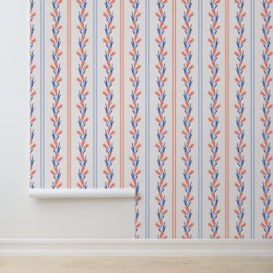 Vintage Preppy Salmon & Blue Floral Stripe Wallpaper
