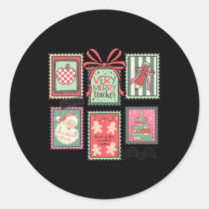 Vintage Preppy Very Merry Teacher Santa Stamps Chr Classic Round Sticker