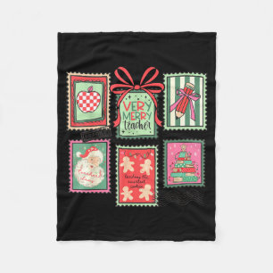 Vintage Preppy Very Merry Teacher Santa Stamps Chr Fleece Blanket