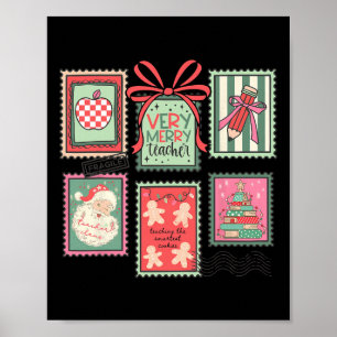 Vintage Preppy Very Merry Teacher Santa Stamps Chr Poster