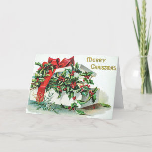 Vintage Present and Holly Red Bow Christmas Card