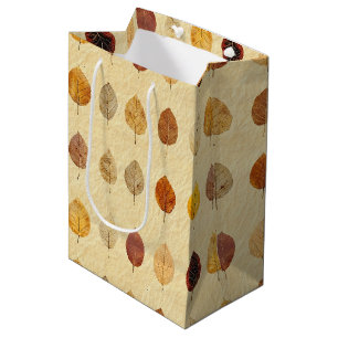 Vintage Pressed Fall Leaves Gold Brown Cream Medium Gift Bag