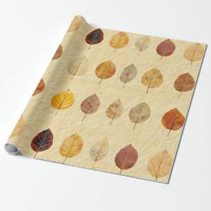 Vintage Pressed Fall Leaves Gold Brown Cream Wrapping Paper