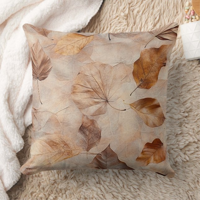 Vintage Pressed Fall Leaves Pattern Brown Rustic Cushion (Blanket)