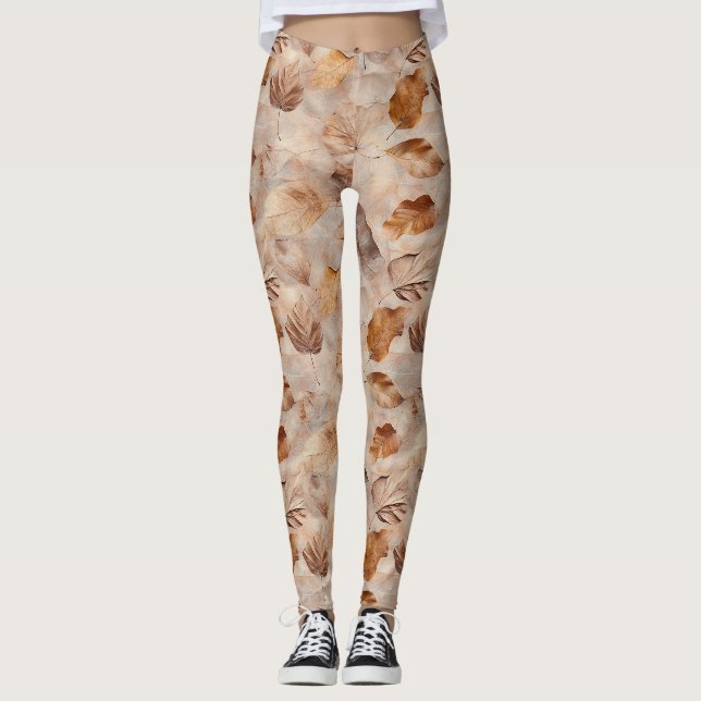 Vintage Pressed Fall Leaves Pattern Brown Rustic Leggings (Front)
