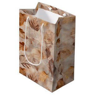 Vintage Pressed Fall Leaves Pattern Brown Rustic Medium Gift Bag