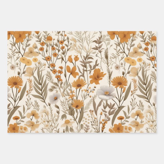 Vintage Pressed Flower Fall Wrapping Paper Sheet (Front)