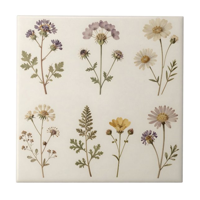 Vintage Pressed Wildflower Botanical Pattern Ceramic Tile (Front)