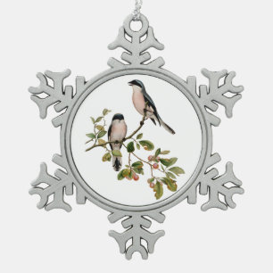 Vintage Pretty Birds on a Branch Snowflake Pewter Christmas Ornament
