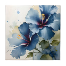 Vintage pretty Blue hibiscus watercolor painting