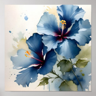 Vintage pretty Blue hibiscus watercolor painting Poster
