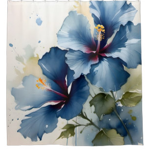 Vintage pretty Blue hibiscus watercolor painting Shower Curtain