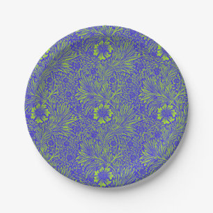 Vintage pretty blue lime green floral pattern paper plate