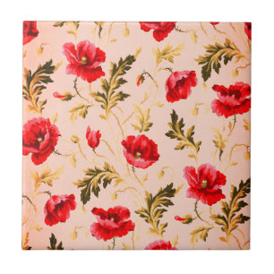 Vintage pretty bright red poppies flower pattern ceramic tile