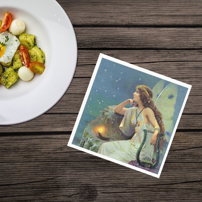 Vintage Pretty Fairy Fae Harp Candle Ocean Napkin (Fairy sitting on cliff in white dress with candle and harp under night sky on napkins.)