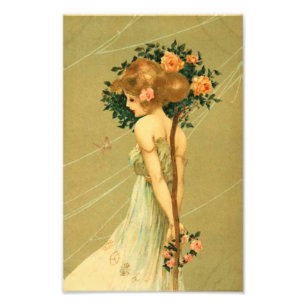 Vintage Pretty Girl With Pink Roses and Butterfly Photo Print