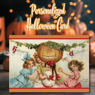 Vintage Pretty Girls with Pumpkin Custom Halloween Holiday Card