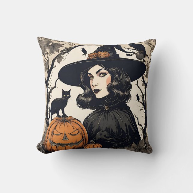 Vintage Pretty Halloween Witch with Black Cats Cushion (Front)