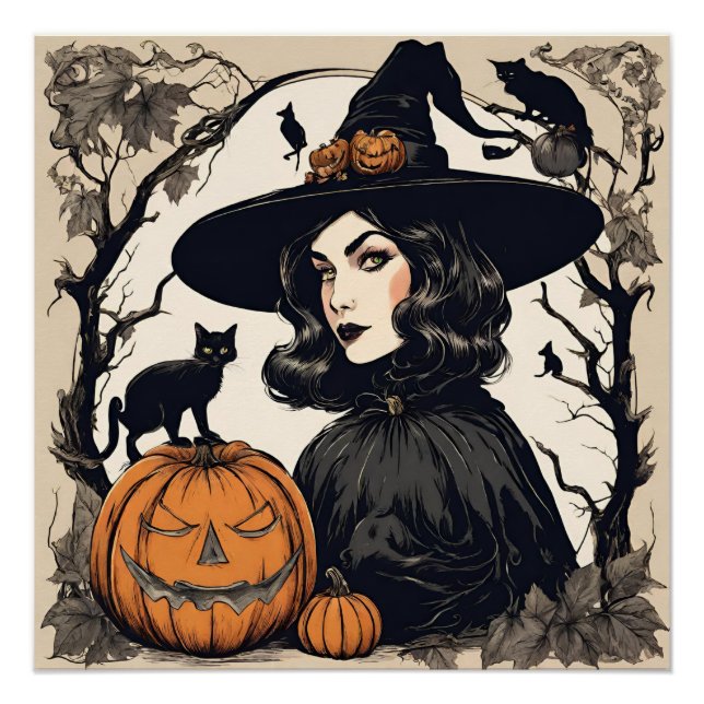 Vintage Pretty Halloween Witch with Black Cats Poster (Front)