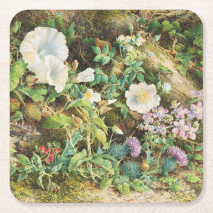 Vintage pretty petunias flowers floral painting square paper coaster