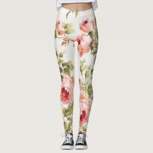 Vintage pretty pink roses floral pattern leggings