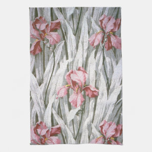 Vintage pretty purple red iris flower pattern tea towel