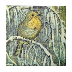 Vintage pretty Robin bird on a snowy branch Ceramic Tile