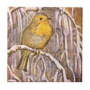 Vintage pretty Robin bird on a snowy branch Ceramic Tile