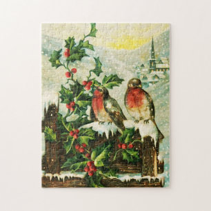 Vintage pretty snowy Holly and birds Jigsaw Puzzle