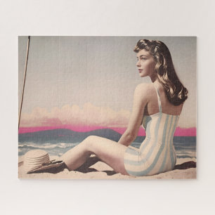 Vintage Pretty Woman Sits On The Beach Sand Jigsaw Puzzle