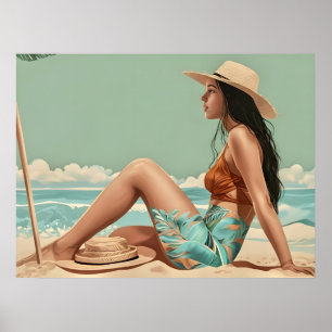 Vintage Pretty Woman Sits On The Beach Sand Poster