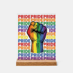 Vintage Pride Raised Fist Rainbow Shirt Design_1 Acrylic Sign