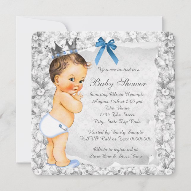 Vintage Prince Blue and Grey Baby Shower Invitation (Front)