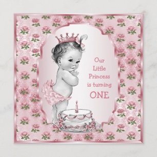 Vintage Princess Baby Pink Roses 1st Birthday Cake Invitation