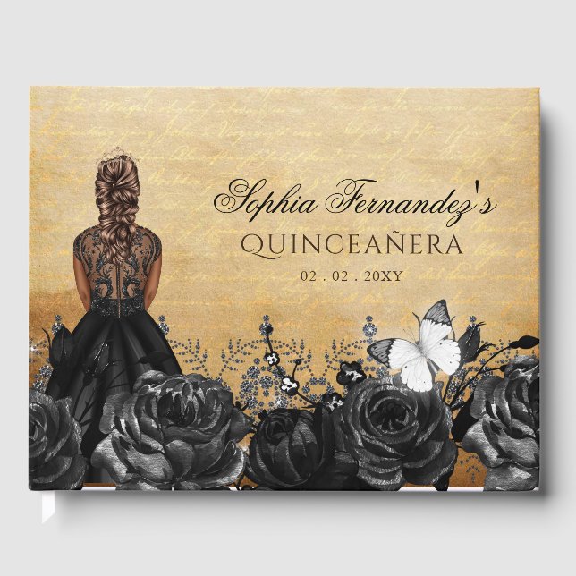 Vintage Princess Black Butterfly Quinceañera  Guest Book (Front)