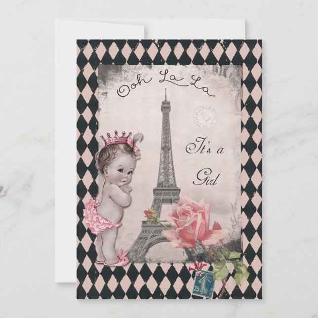 Vintage Princess Eiffel Tower Rose Baby Shower Invitation (Front)