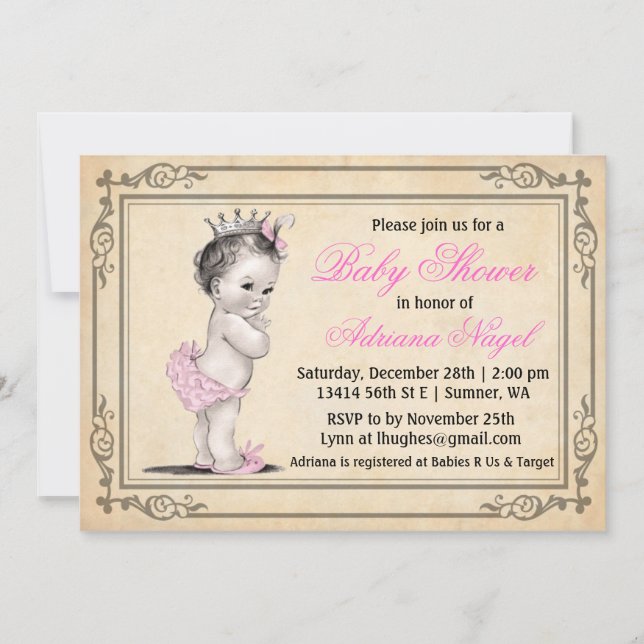 Vintage Princess Girl Baby Shower Invitations (Front)
