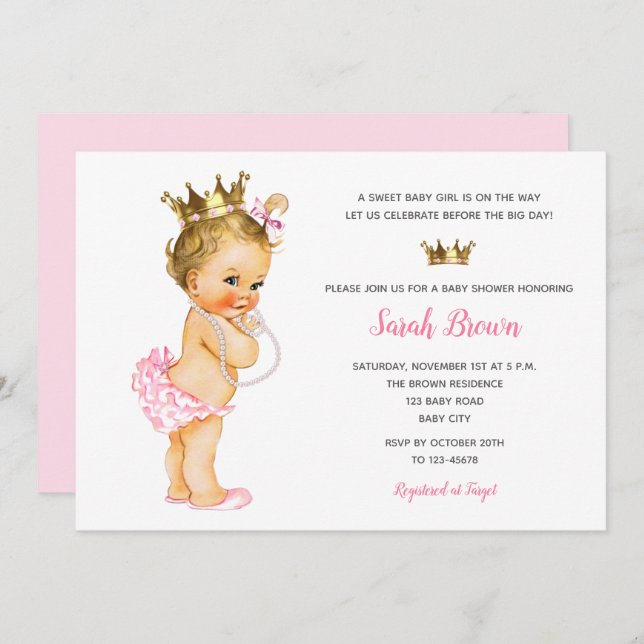 Vintage Princess Invitations Pink Blonde Baby (Front/Back)