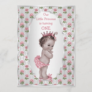 Vintage Princess Pink Roses Silver Baby Birthday Invitation