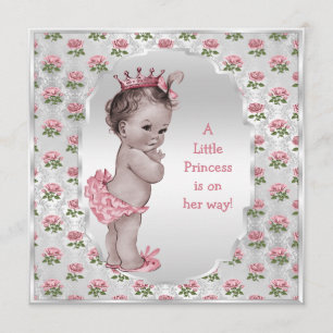 Vintage Princess Pink Roses Silver Baby Shower Invitation