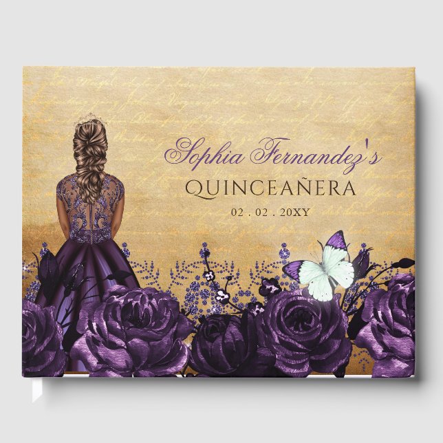 Vintage Princess Purple Butterfly Quinceañera   Guest Book (Front)