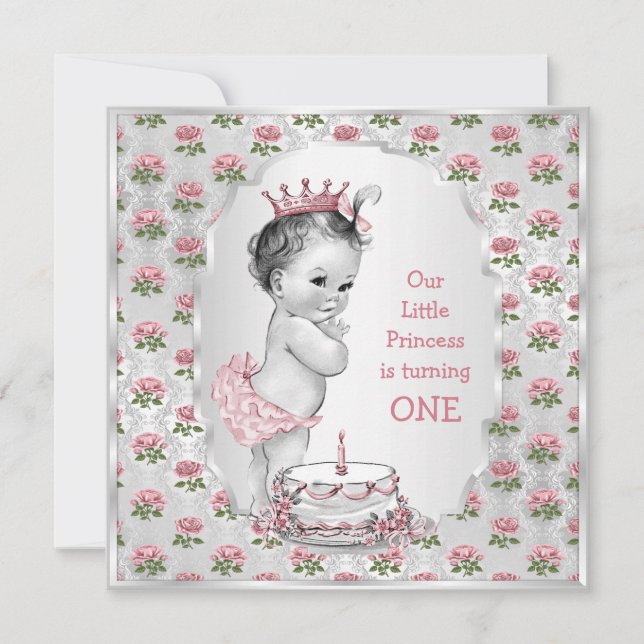 Vintage Princess Roses 1st Birthday Cake Silver Invitation (Front)